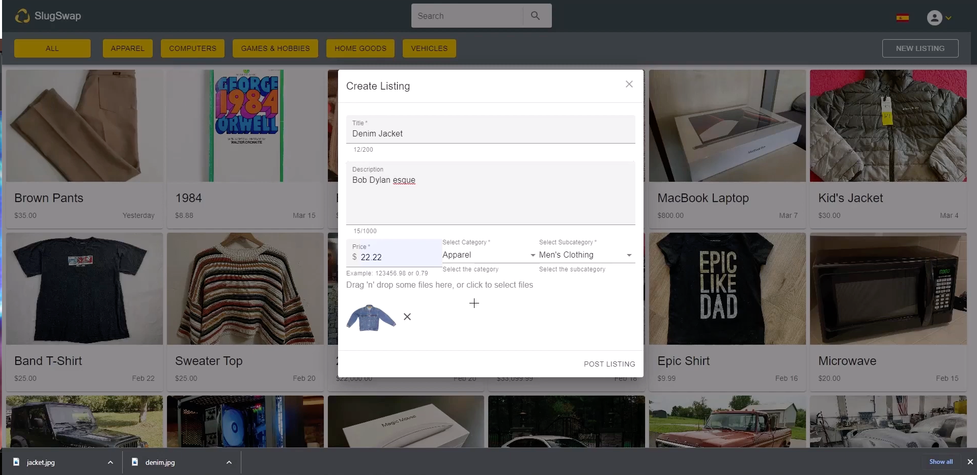 SlugSwap app listing creation image